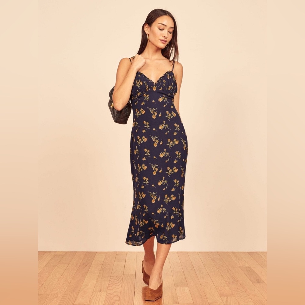 Reformation Navy Floral Midi Dress